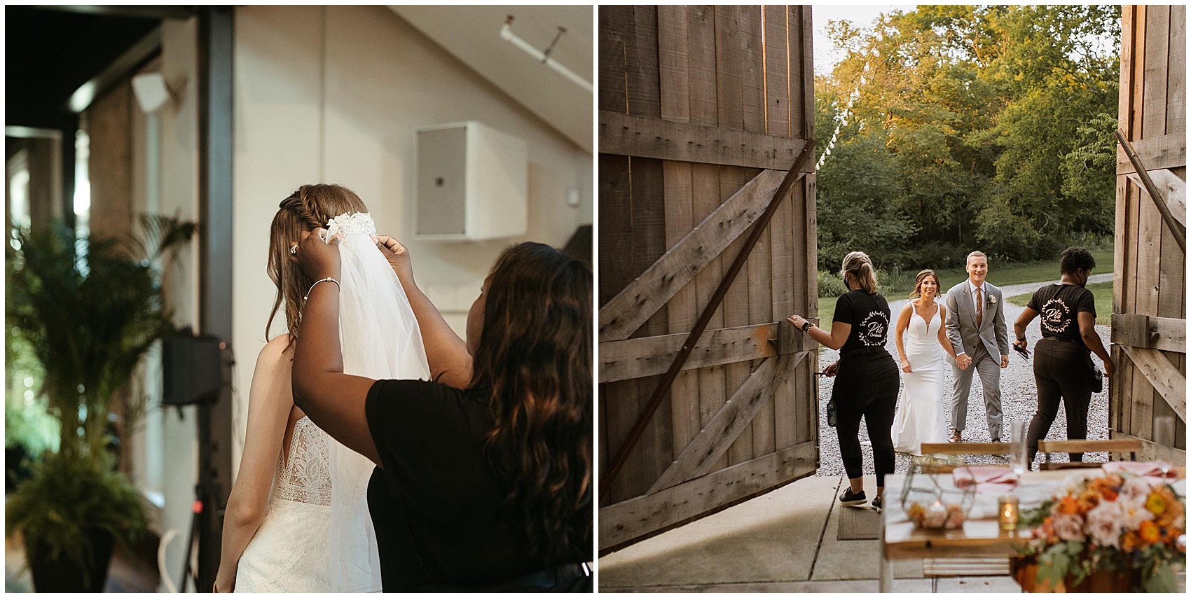 Wedding planners open large barn doors for the bride and groom entrance PLS Coordinate