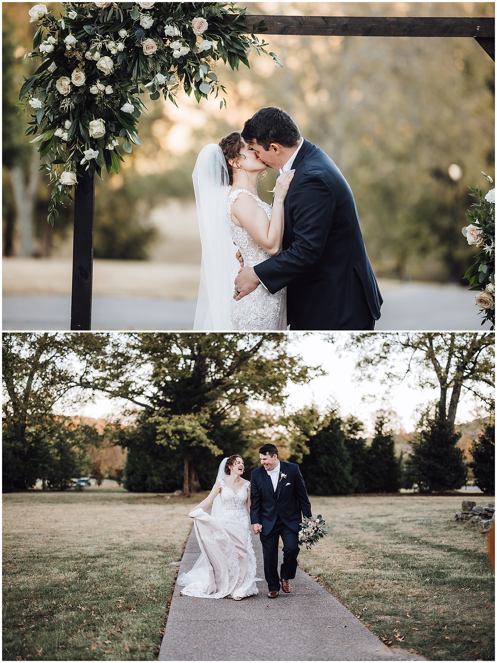 Newlyweds kiss under the ceremony arbor and walk down a sidewalk