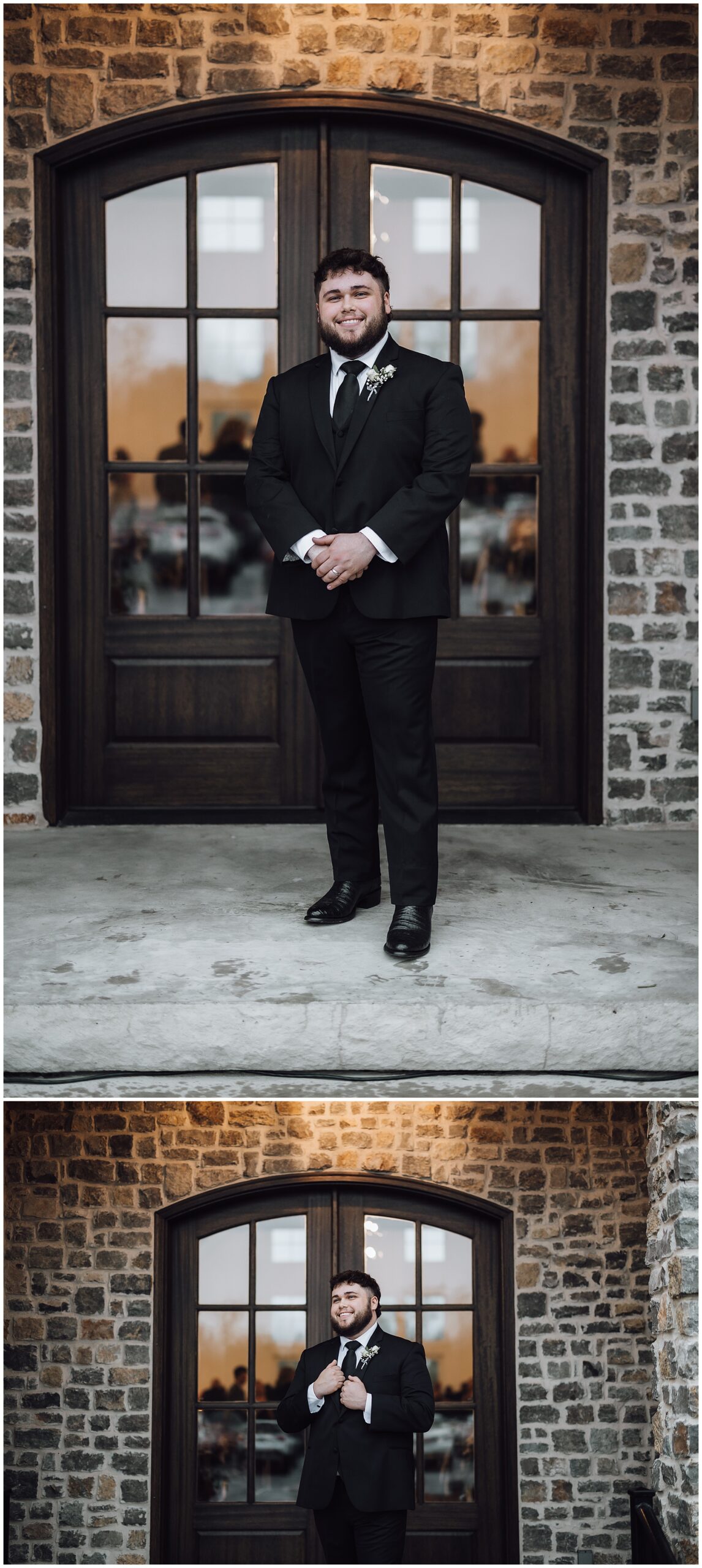 Groom stands in front of dark wooden doors of a stone building in a black suit at The Venue at Birchwood