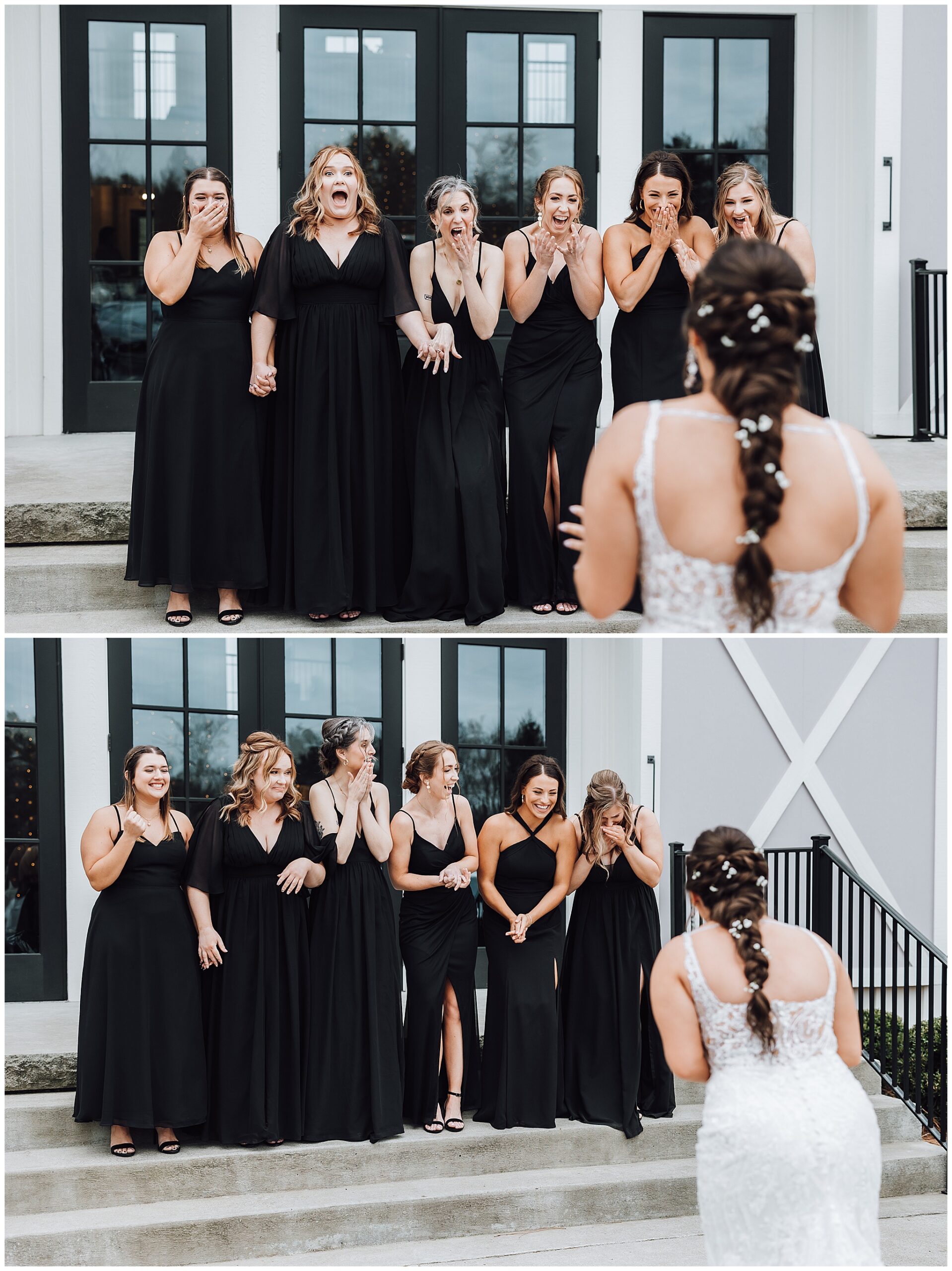 A bridal party in all black dresses reacts after seeing the bride for the first time on the steps of The Venue at Birchwood