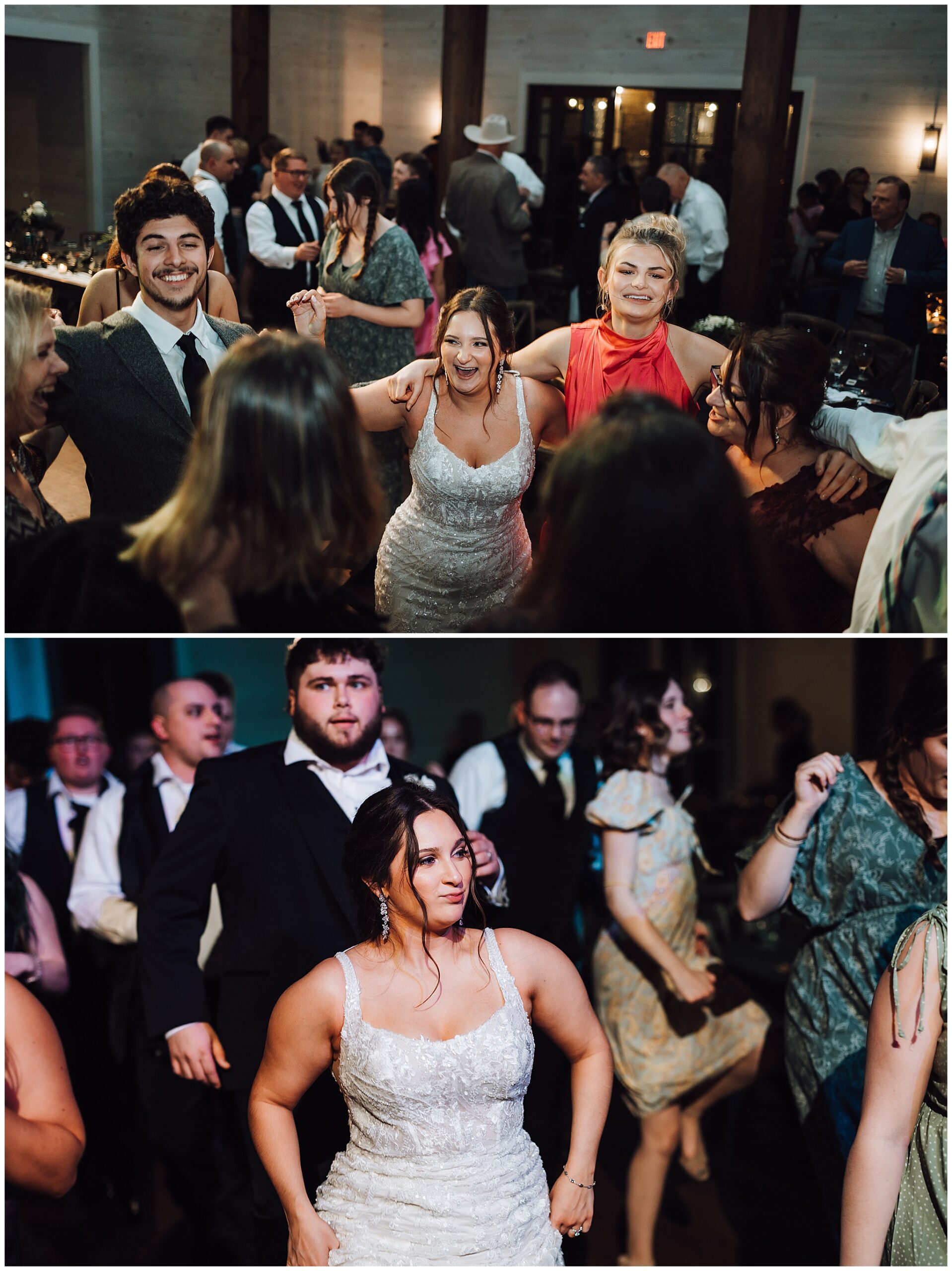 A bride dances amongst her wedding guests during the reception