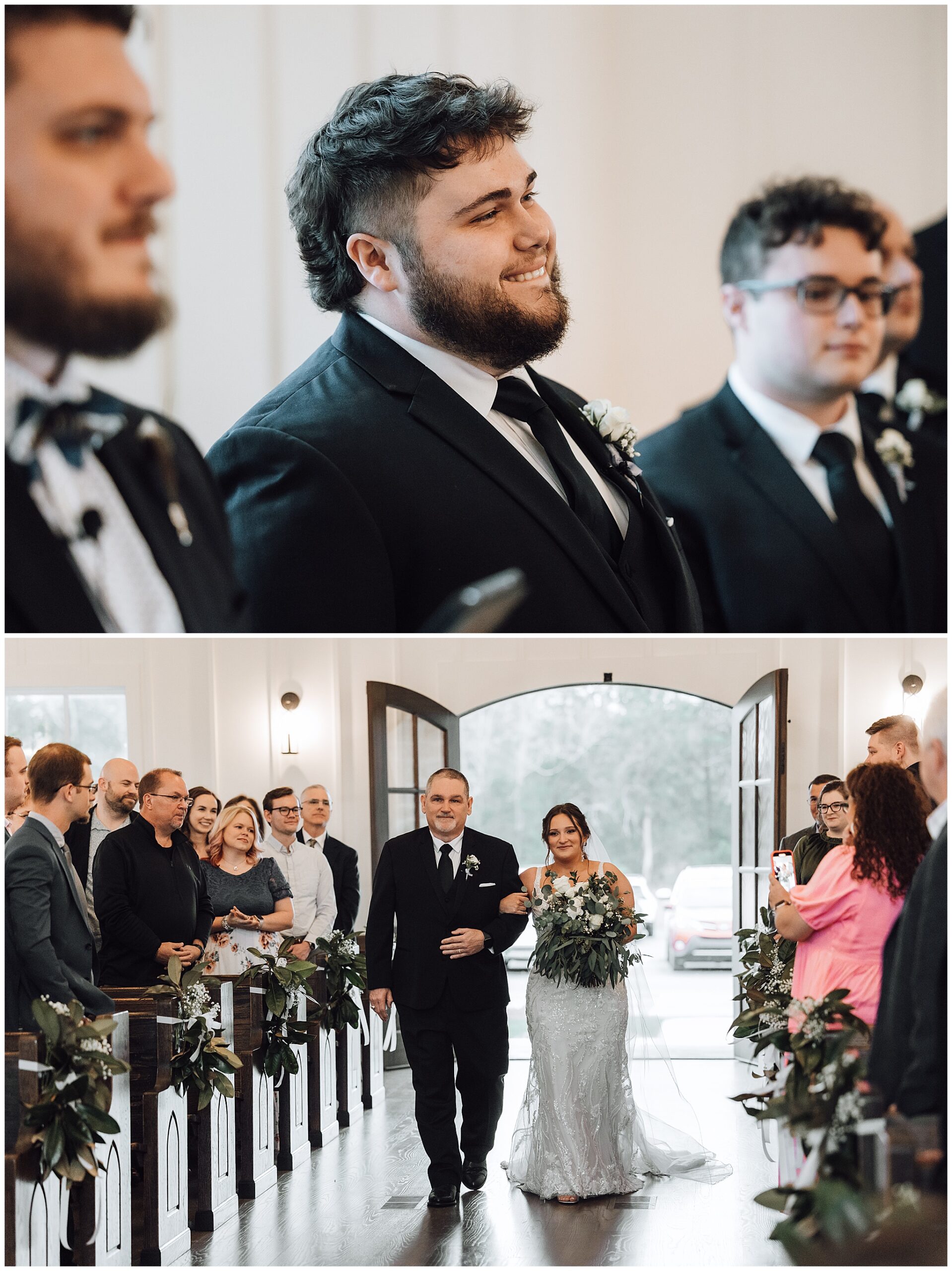 Groom watches as his bride's father walks her down the aisle of their wedding