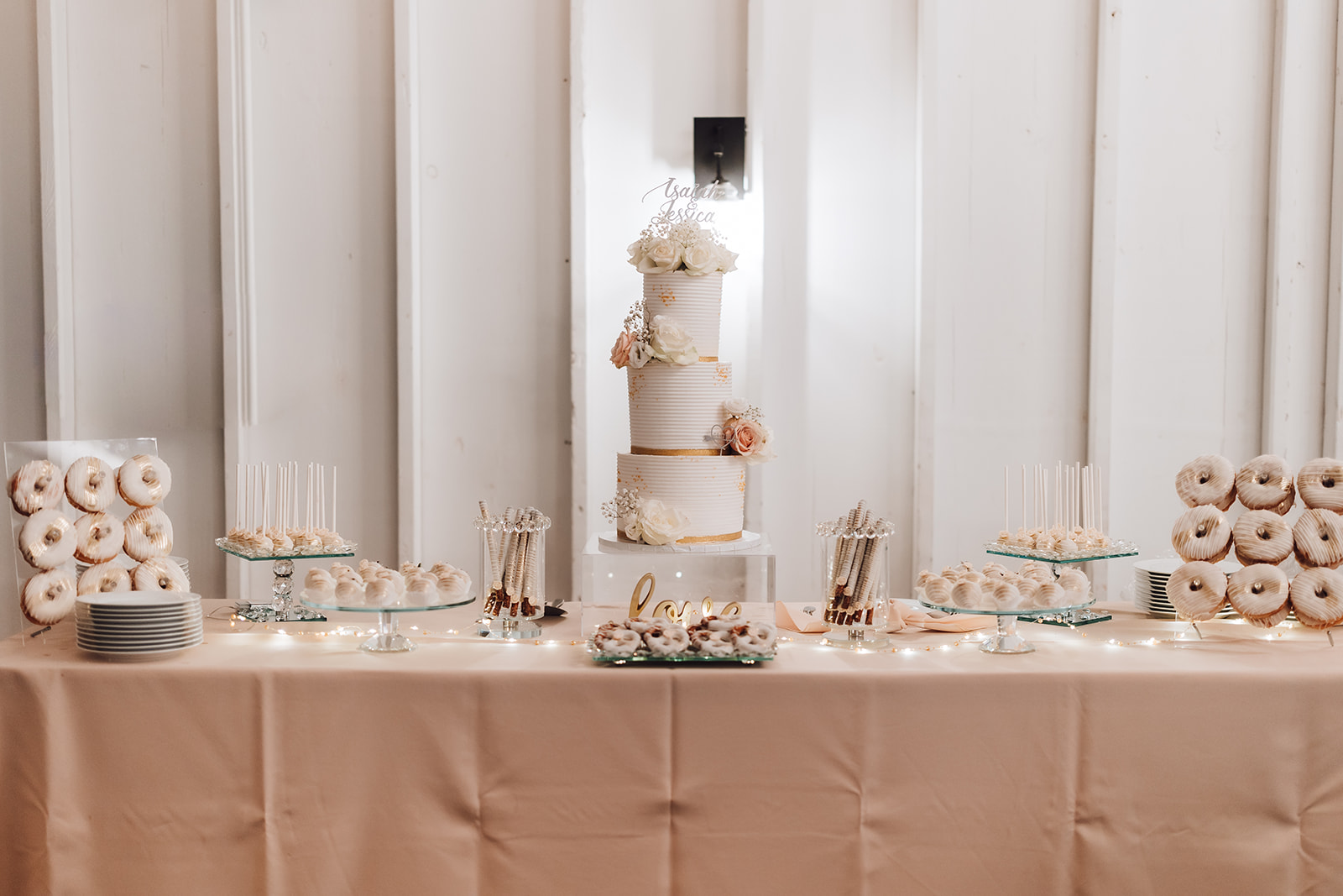 Details of a three-tier wedding cake on a desert table 14Tenn Wedding