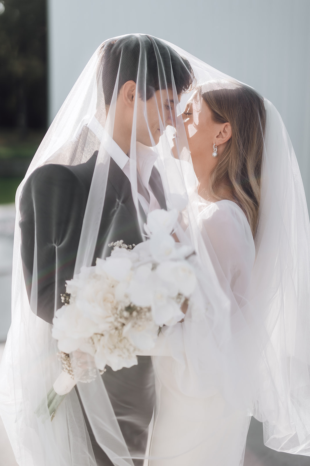Newlyweds kiss under a large veil